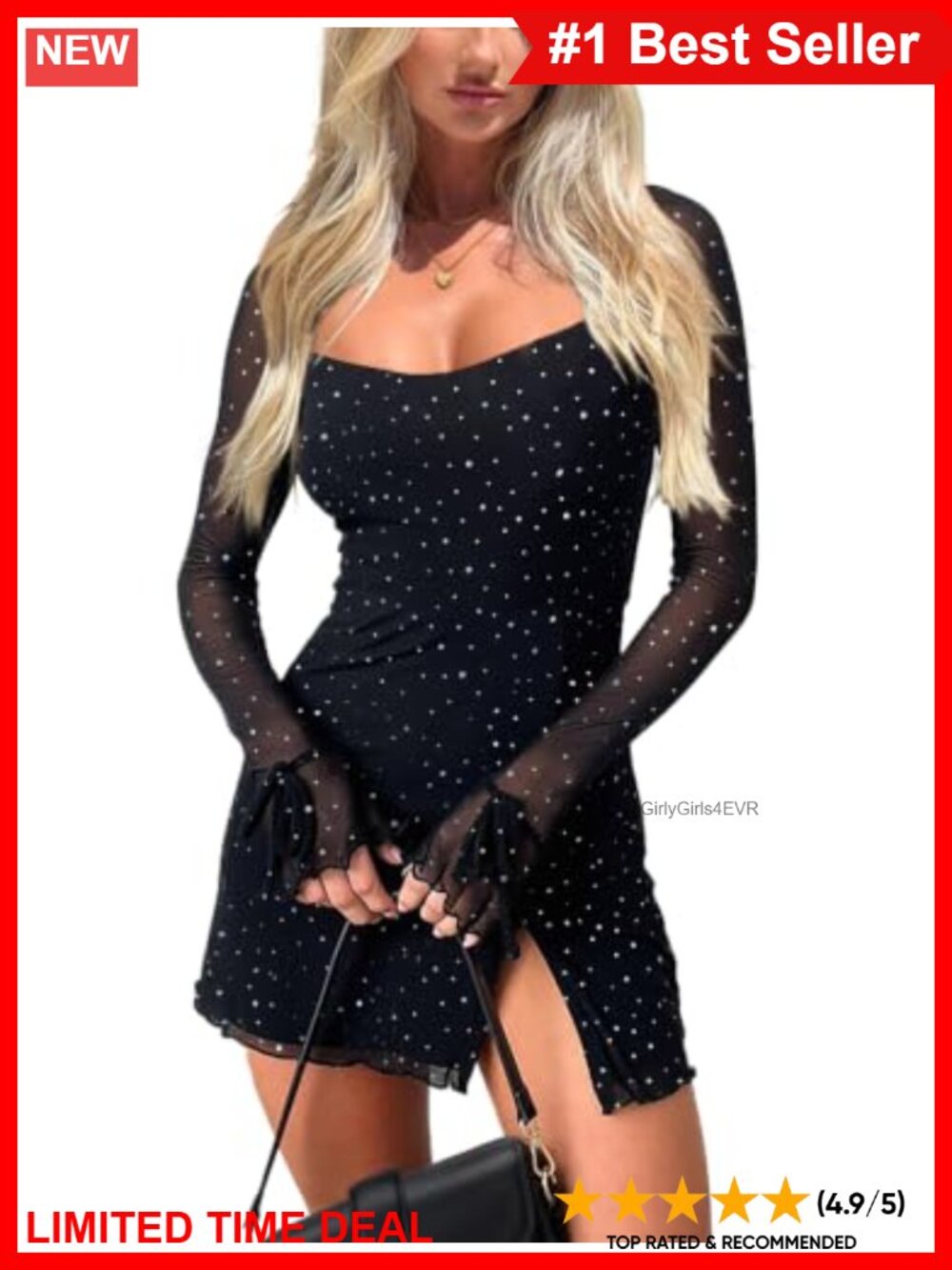 Mesh Long Sleeve Square Neck Bodycon Mini Dress Split Hem